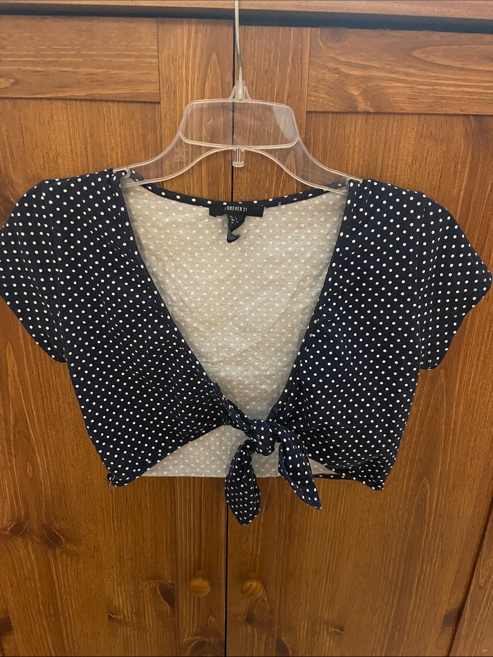 Forever 21 Navy White Polka Dot Tie-Front Crop Top